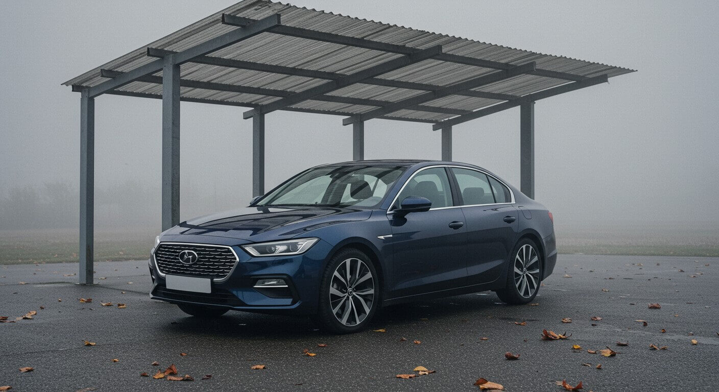 Carro em uma garagem aberta em um ambiente frio.