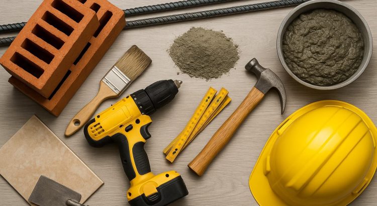 Bancada com ferramentas, EPIs e materiais para construção civil.