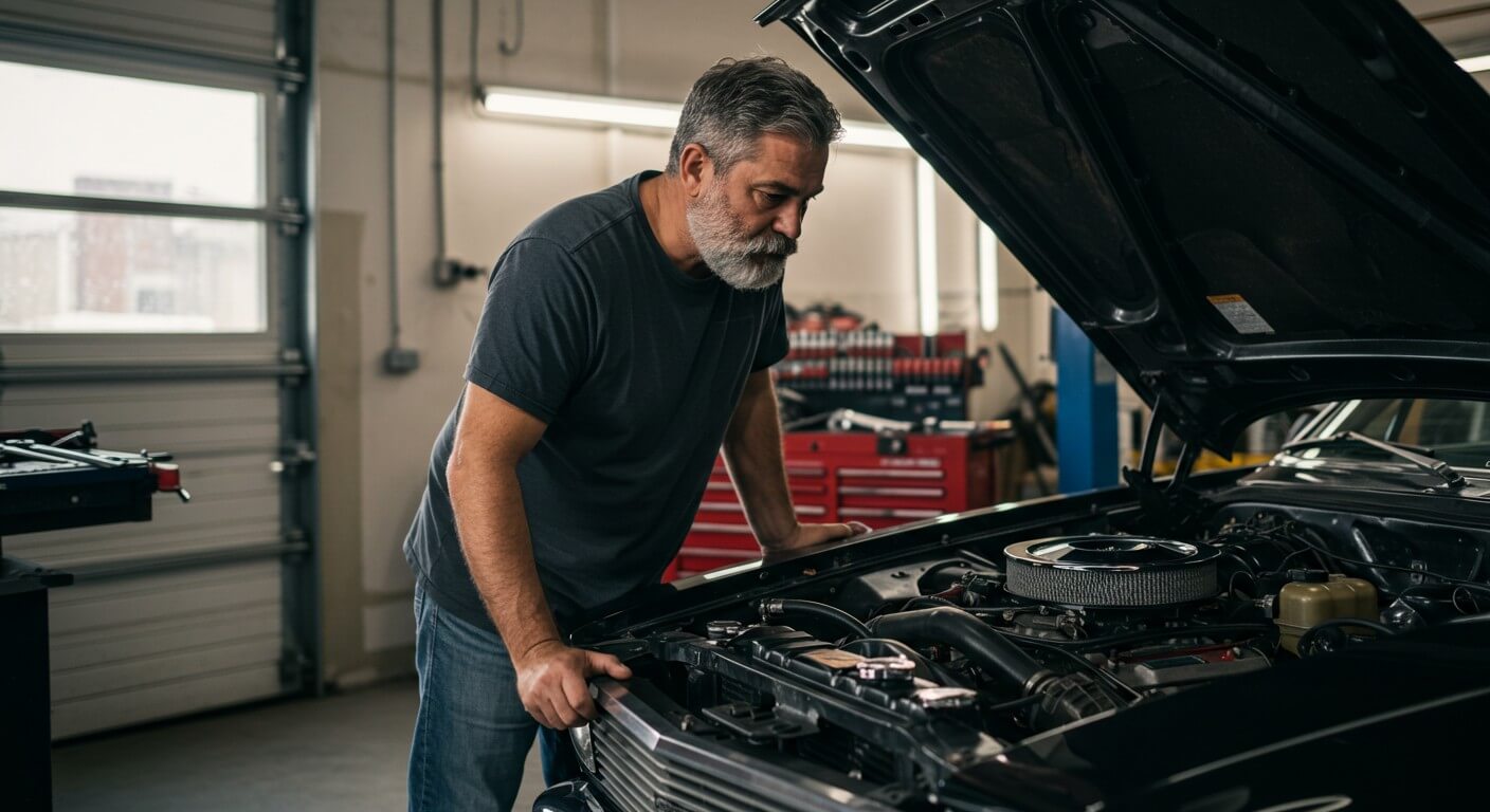 Homem realizando manutenção no seu carro.
