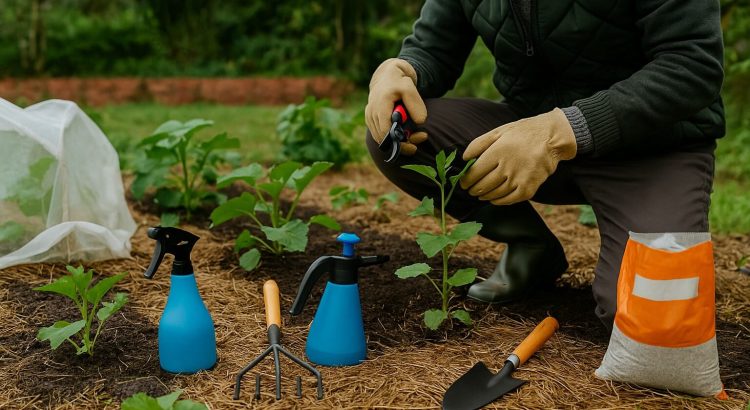 Homem em meio aos cuidados com um jardim no inverno