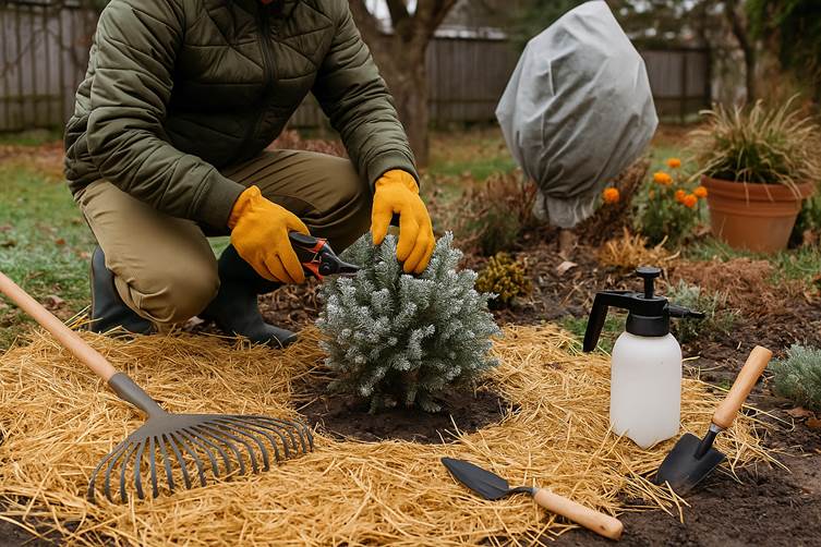 Homem mantendo os cuidados com seu jardim no inverno, utilizando tesoura de poda.
