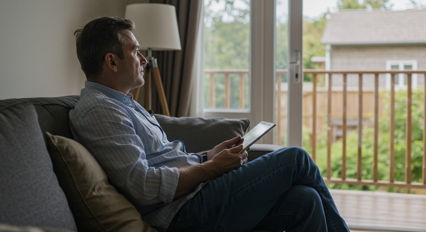 Homem sentando no sofá procurando ideias de como reformar a o seu quintal e, seu tablet.