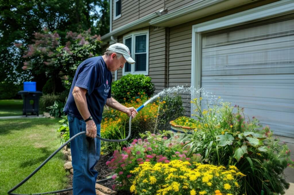 Homem idoso de boné e camiseta azul utiliza uma das mangueiras para jardim com bico de pressão para regar um canteiro de flores coloridas em frente a uma casa de madeira.