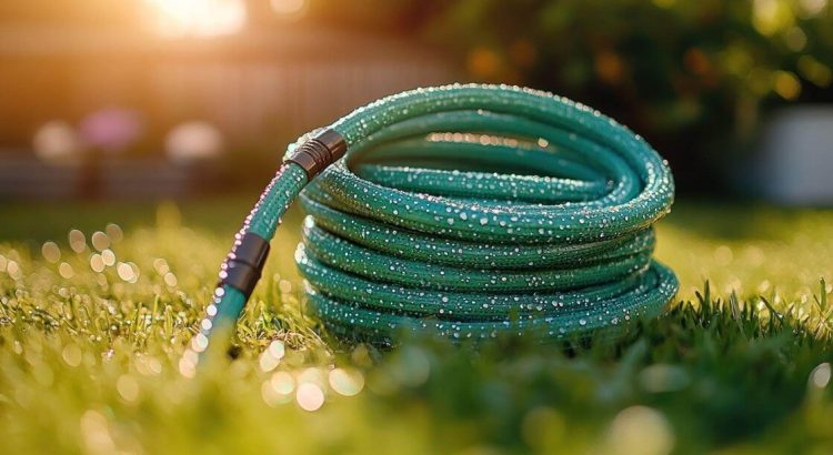 Close-up de uma das mangueiras para jardim de cor verde, enrolada sobre a grama úmida e iluminada pelo sol, destacando gotas de água e o acabamento reforçado do material.