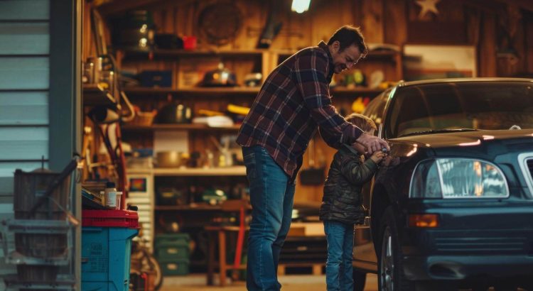 Pai e filho pequeno trabalhando juntos na lateral de um carro preto dentro de uma garagem residencial bem equipada. A bancada cheia de ferramentas ilustra o que comprar primeiro para fazer serviços simples de manutenção automotiva em casa.